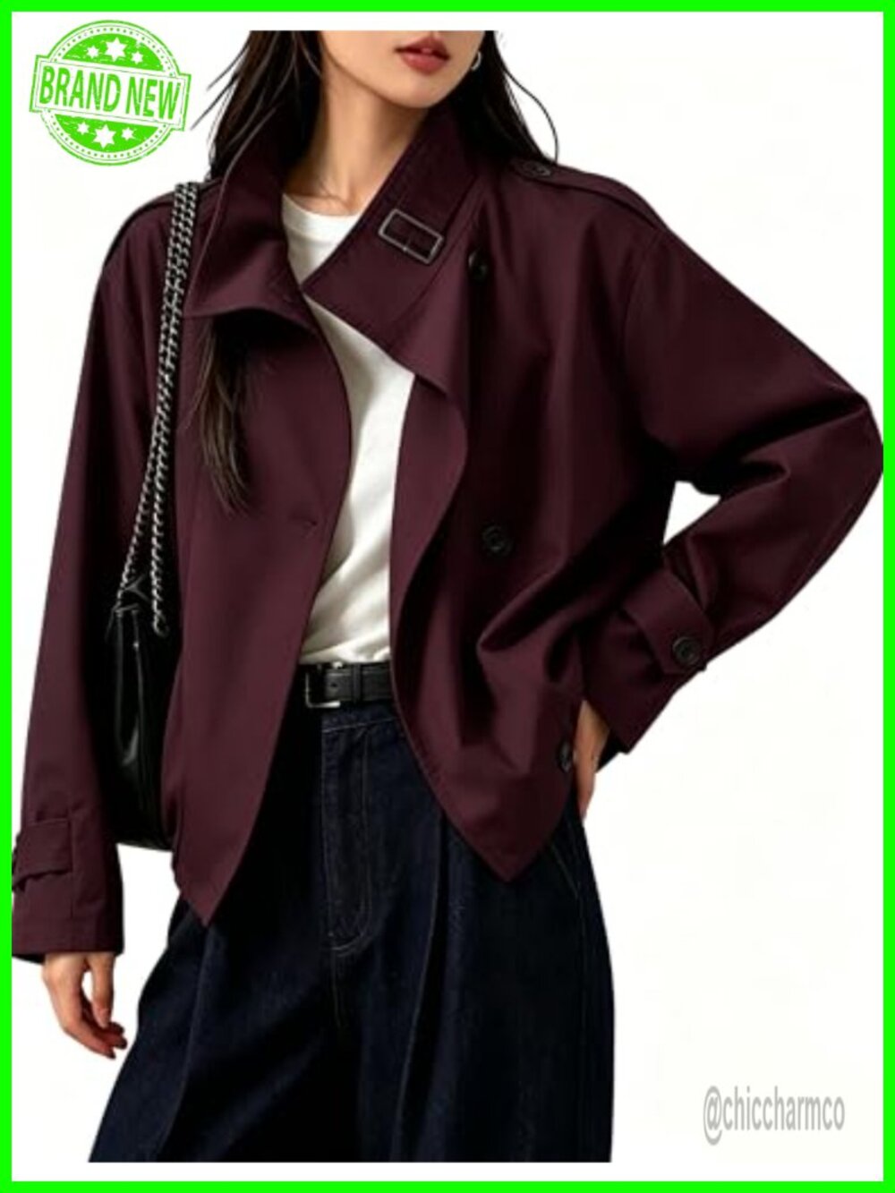 Women's Funnel Neck Cropped Trench Coat Double-Breasted Water-Repellent Jacket